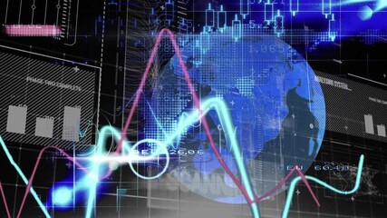 Animation of financial data processing over rotating globe - Powered by Adobe