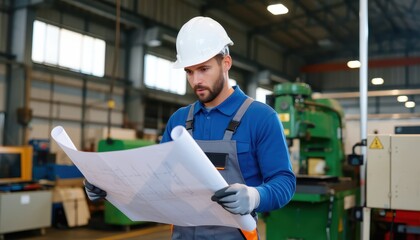 Construction worker analyzing blueprints in factory industrial setting professional environment close-up view