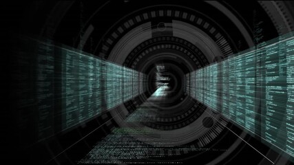 Animation of processing circle and tunnel made of screen with computer data in black space