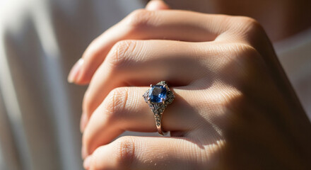 A close-up of an elegant hand wearing a vintage-inspired ring with a stunning sapphire centerpiece. The large blue gemstone is surrounded by intricate silver or white gold detailing