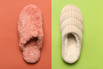 Pair of different slippers on colorful background. Top view