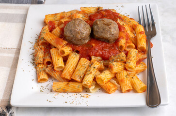  rigatoni  with  meatballs and pasta sauce,
