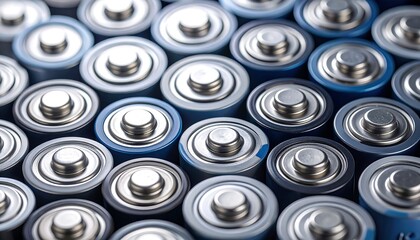 Obraz premium Close-up of many AA batteries arranged in a grid pattern. Rows and columns of cylindrical batteries