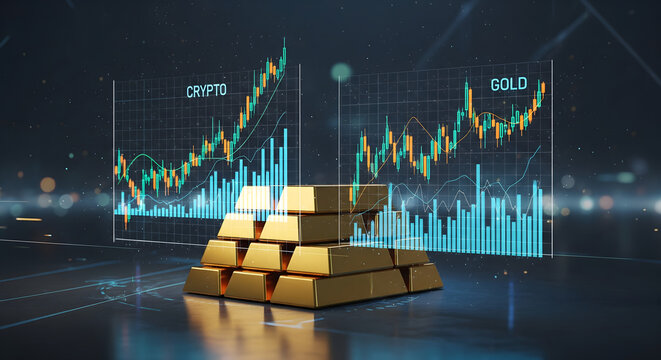 Golden Ingots Amidst Financial Data: A cluster of gleaming gold bars sits prominently before a dynamic data chart backdrop, symbolizing financial growth, wealth, and investment opportunity.