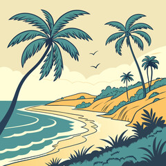 Stylized tropical beach scene with palm trees and rolling hills under a cloudy sky