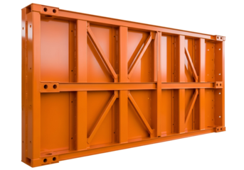A comprehensive orange metal formwork panel, showcasing robust construction details against a black background.