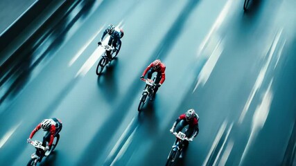 Blurred motion of four motorcyclists racing on wet road - Powered by Adobe