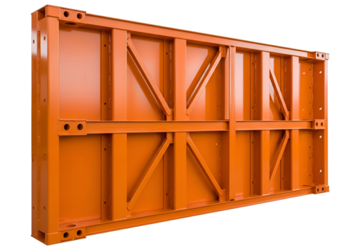A comprehensive orange metal formwork panel, showcasing robust construction details against a black background.