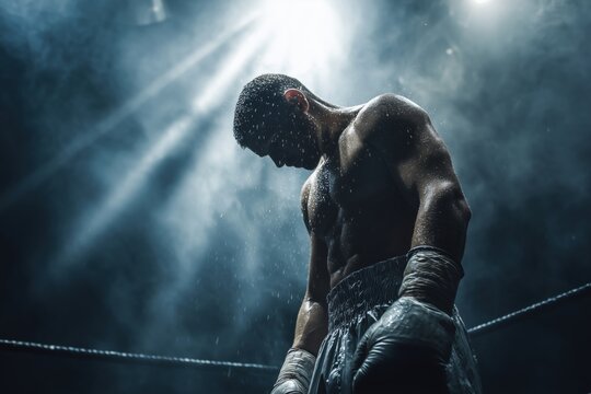 Sweaty muscular boxer in dramatic lighting standing in boxing ring with intense atmosphere and emotional focus after a fight