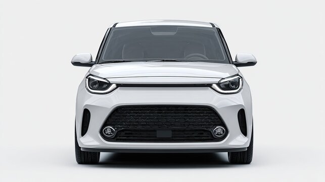 White boxy car facing forward, head on with round fog lights and dark grille