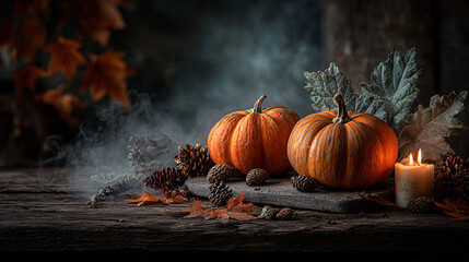 Halloween background of carved pumpkins glowing with candlelight, surrounded by autumn leaves, pinecones, and smoke haze, set on a rustic wooden table with a dark moody background.