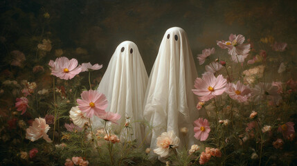 Two playful ghosts amidst blooming flowers in a whimsical garden setting with soft lighting and enchanting colors. Moody illustration for Halloween.