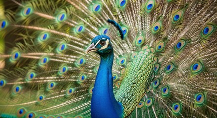 Obraz premium Majestic blue peacock displaying its beautiful vibrant tail feathers