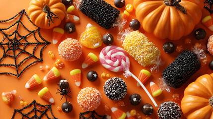 Halloween background of assorted colorful candies, lollipops, candy corn, and chocolates scattered in a playful flat lay with spiderweb decorations and mini pumpkins, bright festive colors.