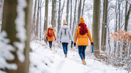 Group of friends hiking through a snowy forest in winter, wearing colorful jackets and carrying water bottles while enjoying nature together