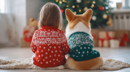 Cozy holiday moment capturing a child and a corgi wearing matching sweaters sitting by a Christmas tree with decorations in a warm indoor setting
