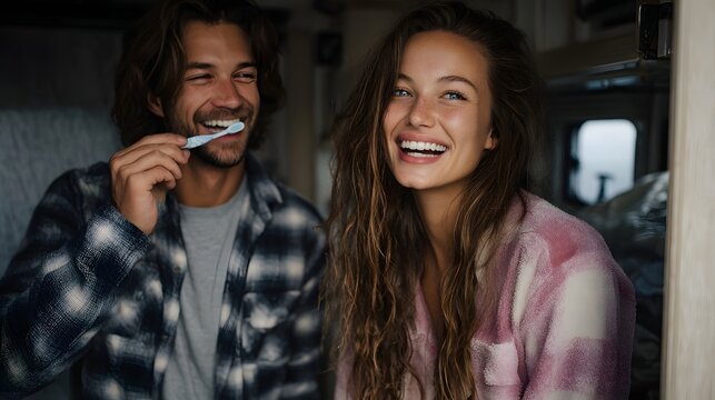 A happy couple shares a joyful morning routine laughing together while brushing their teeth in a cozy intimate setting reflecting genuine domestic