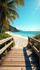 Fototapeta premium Rustic wooden walkway leading to a pristine sandy beach, bathed in warm sunlight Perfect for summer vacation, coastal living, and tranquil seaside imagery , landscape, vacation, bright