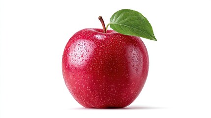 A vibrant, glossy red apple with tiny water droplets sits on a white background, a single green leaf attached to its stem.  Its skin displays a slight textural variation