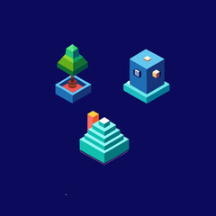 Isometric 3d geometric shapes and objects on a dark blue background