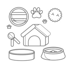 Collection of doghouse and pet accessories outline icons