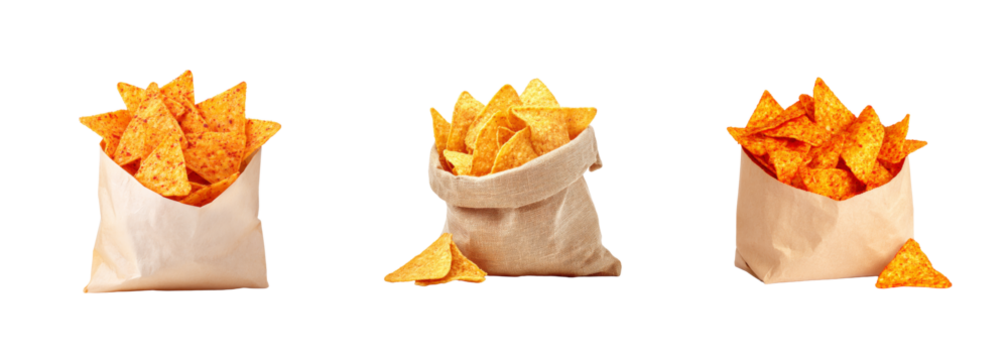 Nacho Chips PNG set In Paper Bags And Burlap Sack Isolated on Transparent backround