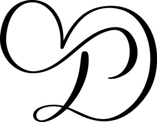 Hand drawn vector calligraphy love letter D. Vintage heart monogram