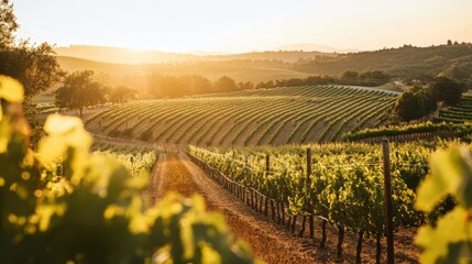 Fototapeta premium Vineyard landscape at golden hour.
