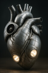 Futuristic bionic heart made of metal and mechanical parts, combining human anatomy with industrial design in a steampunk-inspired concept
