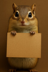 Adorable chipmunk holding a blank cardboard sign, perfect for playful messages, announcements, or animal-themed designs