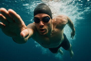 Underwater view of a determined young male swimmer in motion, wearing goggles and swim cap, captured mid-stroke in open water