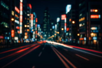 Defocused view of a vibrant city street at night with colorful lights and motion blur from fast-moving traffic, creating a dreamy urban atmosphere
