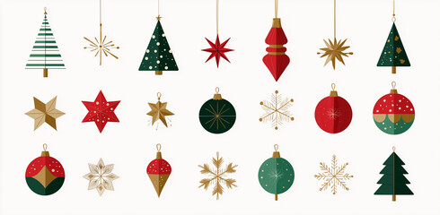 set of christmas ornaments in red, green, and white colors on an isolated background