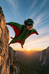 Fearless cat in a green wingsuit soaring through the air over a mountain valley at sunset, embracing the thrill of extreme flight