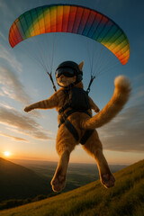 Adventurous cat wearing a helmet and goggles paragliding with a rainbow parachute at sunset over scenic hills