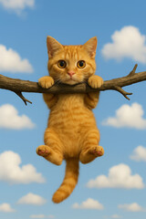 Adorable ginger kitten clinging to a tree branch in the sky, looking scared and helpless against a backdrop of fluffy clouds
