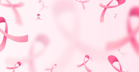 Breast cancer awareness month vector banner background. Blur and focus pink ribbons on light backdrop