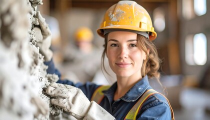 A woman construction worker examines a wall.  Smiling, she is focused on the task