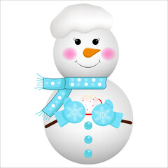 Charming illustration of a happy snowman with a blue scarf, gloves, and snow hat, clutching a mug. Great for winter or festive themes.
