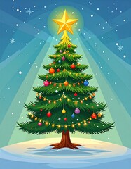 Christmas tree illustration with ornaments and lights