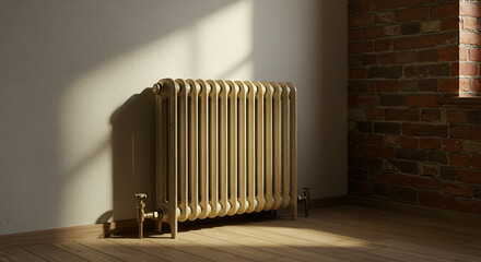 A vintage radiator casts a shadow on a wall, illuminated by sunlight in a room.