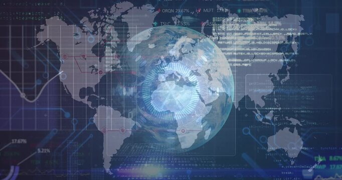Animation of globe, data processing over world map - Powered by Adobe