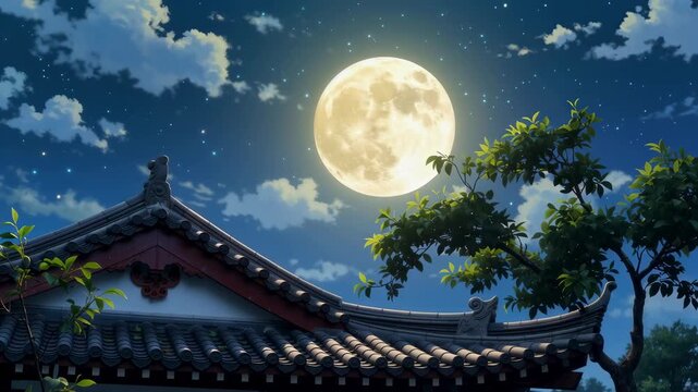 Full Moon Over Traditional Asian Roof at Night, Serene Landscape Scene
