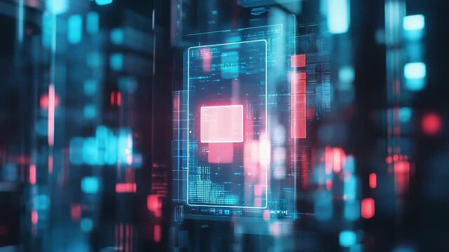 Futuristic server room processing data with holographic interface - Powered by Adobe