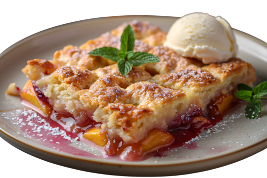 Peach Cream Ice Rustic Gourmet Food Photography Isolated Transparent Background Plate Cobbler Dessert Served Banner Marketing Ecommerce Web Print Copy Space Template Branding Social Medi SEO Optimized