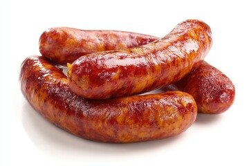 Close-up of four cooked sausages, browned and glistening