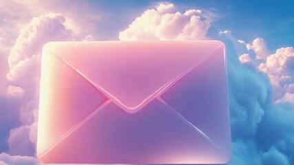 Pink email icon floating in a cloudy sky during sunset - Powered by Adobe