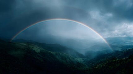 Vibrant rainbow arches over a breathtaking landscape of lush green mountains and valleys under a dramatic cloudy sky after a rain shower