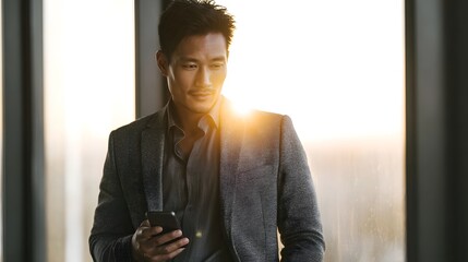 Professional man in a smart jacket uses his smartphone by a bright window bathed in warm sunlight embodying modern communication