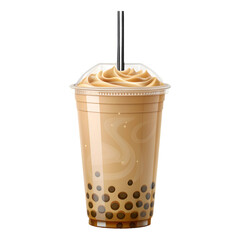 Iced Milk Tea with Tapioca Pearls and Straw bubble tea isolated on a transparent background